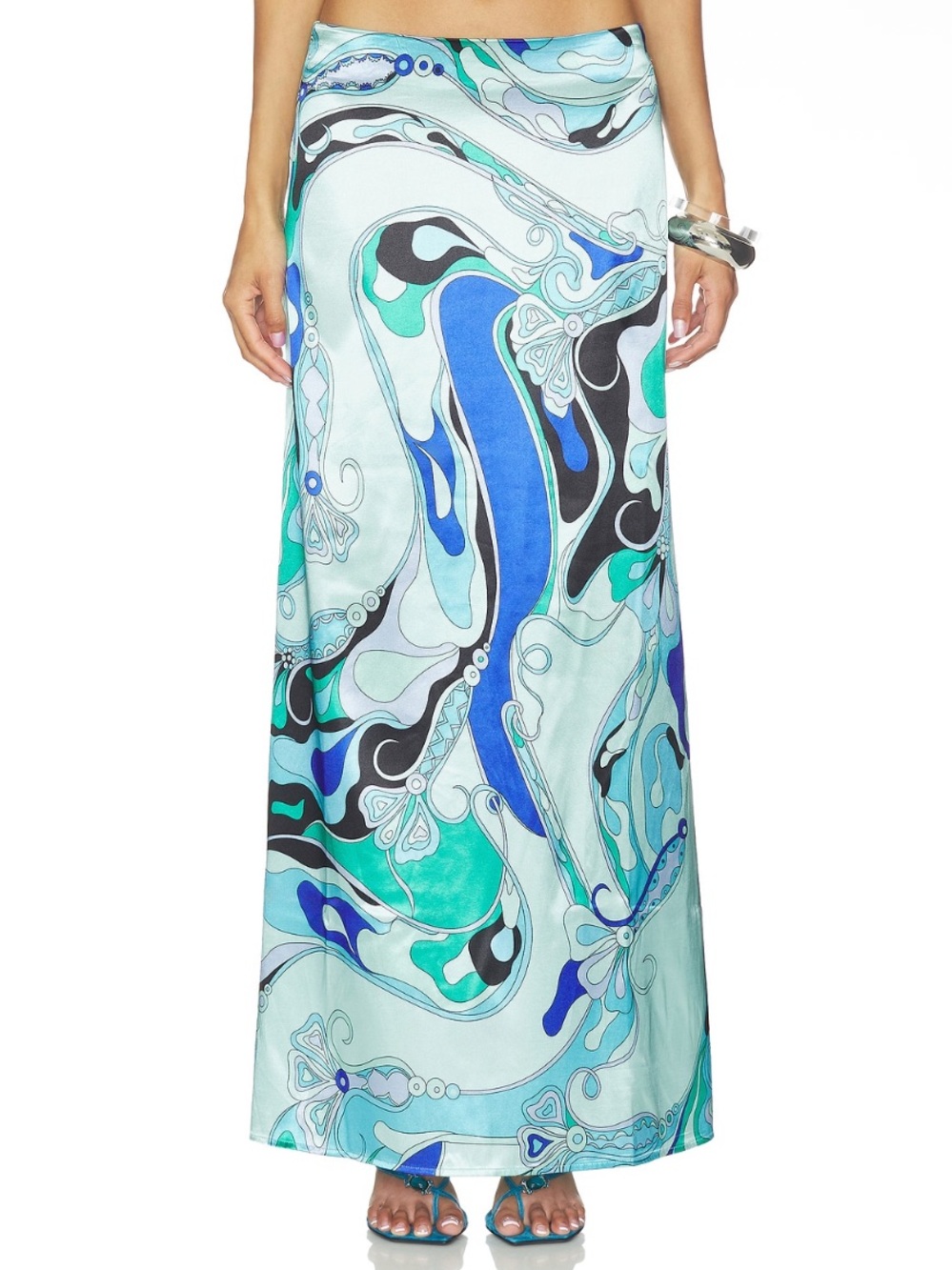 More To Come Tavianah Maxi Skirt in Blue Multi Pucci Swirl Size Medium